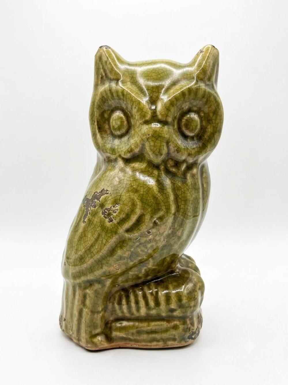 Vintage Mid Century Green Crackle Glaze Ceramic Owl Figurine